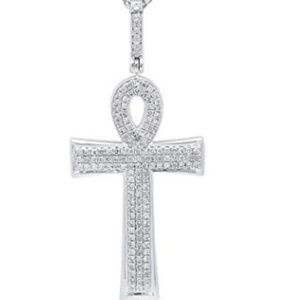 14K Gold Round Diamond Ladies Ankh Cross Pendant